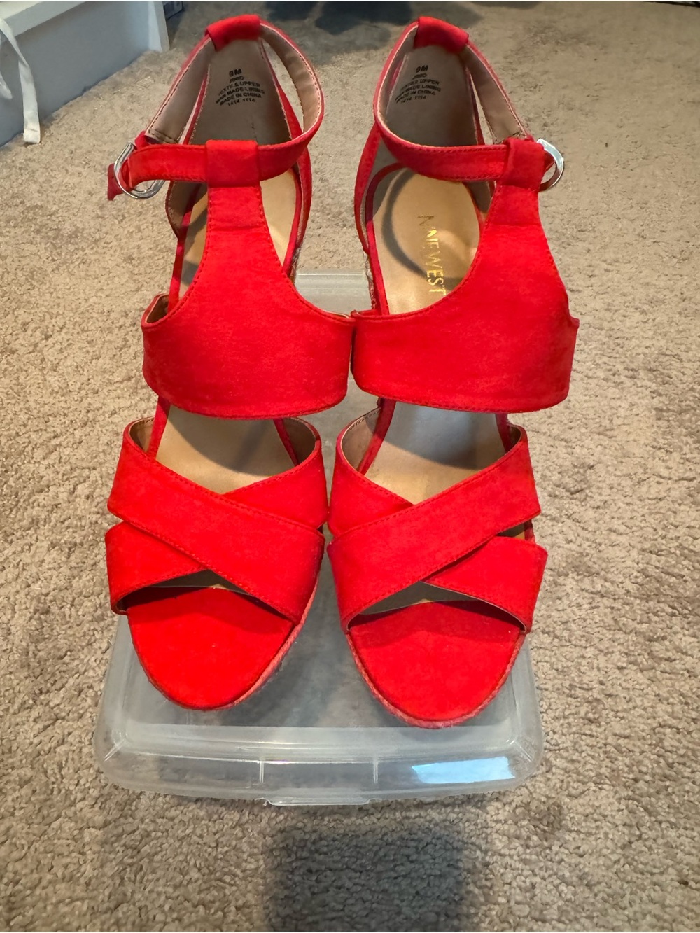 Nine West Bright Red Suede T-Strap Platform Sandals